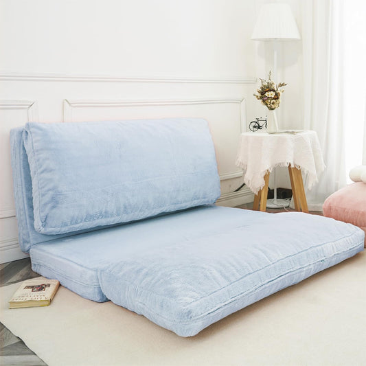 Bean Bag Folding Sofa Bed, Extra Thick Floor Mattress Floor Sofa with Faux Fur Washable Cover, Blue