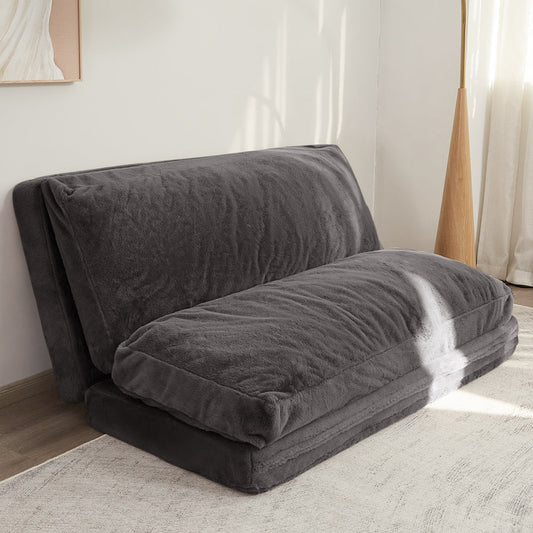 Bean Bag Folding Sofa Bed, Floor Mattress Extra Thick Floor Sofa with Faux Fur Washable Cover, Dark Grey