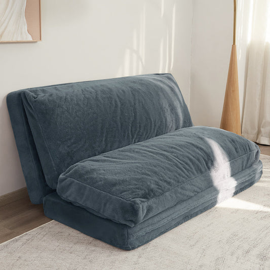 Multifunction Extra Thick Floor Sofa Bed Bean Bag Folding Sofa Bed with Faux Fur Washable Cover, Dusty Blue